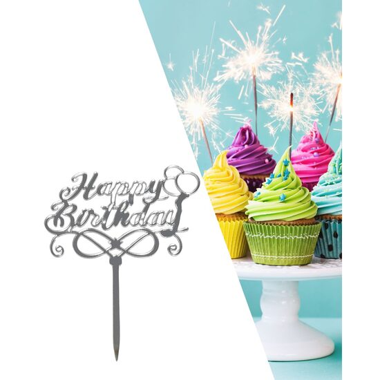 Topper PLEXI - "Happy Birthday!" 13x15 cm, argintiu oglindă, DW24057