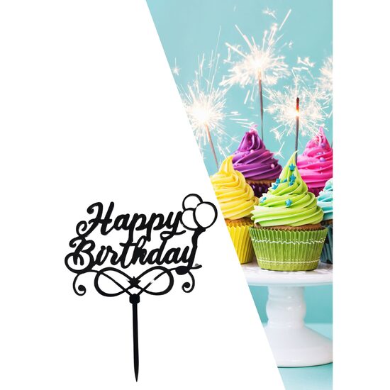 Topper PLEXI - "Happy Birthday!" 13x15 cm, negru, DW24059