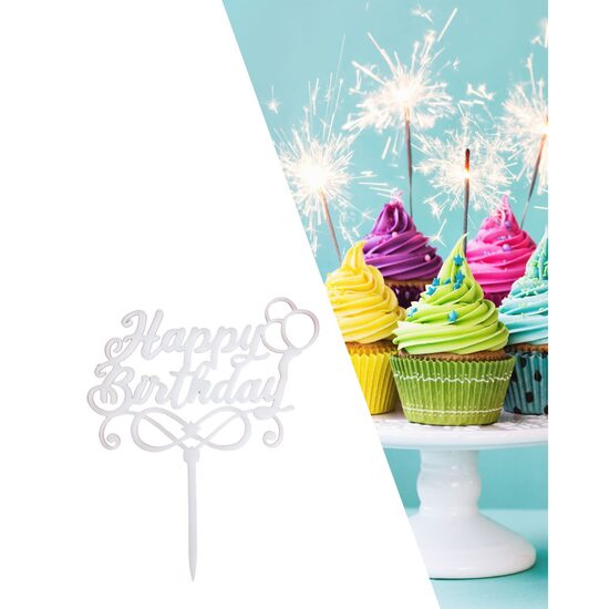 Topper PLEXI - "Happy Birthday!" 13x15 cm, alb, DW24058