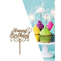 Topper PLEXI - "Happy Birthday!" 13x15 cm, auriu oglinda, DW24056