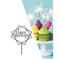 Topper PLEXI - "Happy Birthday!" 12x16 cm, argintiu oglinda, DW24074