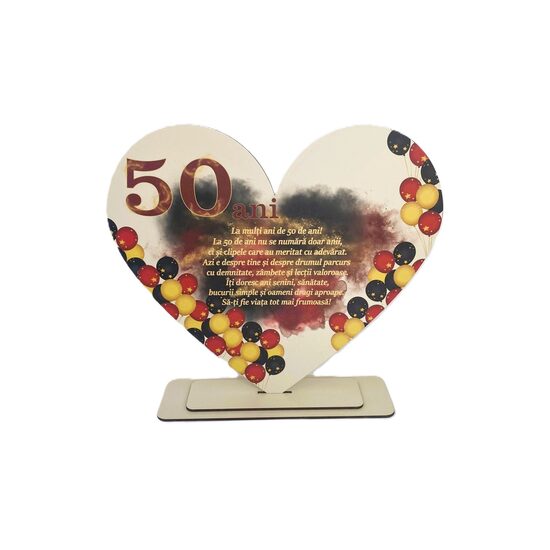 Placheta HDF printat - inimioara "50 La multi ani!" 27.5x25 cm, DW28042